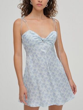 For Love And Lemons Adira Mini Light Blue Floral Slip Dress - XS